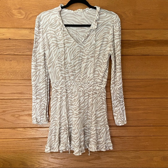 Altar’d State zebra print tan and white ruffle long sleeve dress - Picture 1 of 7